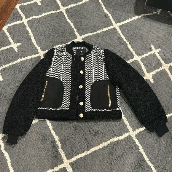 7 For All Mankind Black and White Mixed Media Sherpa Jacket - Picture 1 of 6